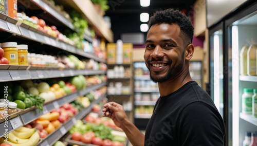 An African American man smiles while shopping at a health food store