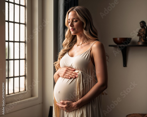 Serene Pregnant Woman in Soft Natural Light Embracing Motherhood Indoors photo