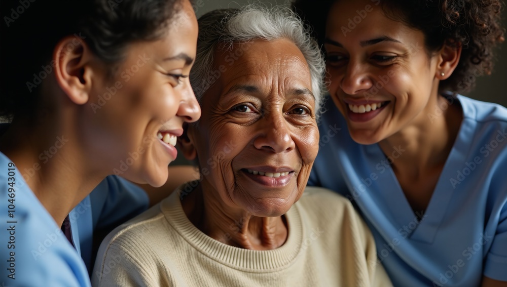 Older African-American woman with daughter and nurse present Older African-American woman with daughter and nurse present