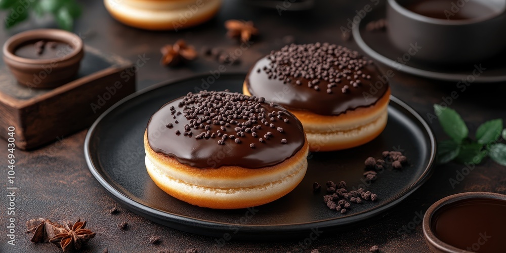 two chocolate covered donuts on a plate two chocolate covered donuts on a plate