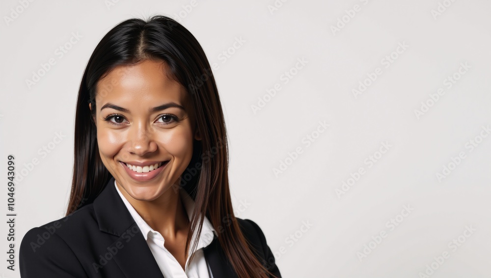 A confident black woman smirks as an isolated businesswoman on a white background A confident black woman smirks as an isolated businesswoman on a white background