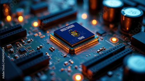 A microprocessor featuring Wisconsin flag is installed on a circuit board, illuminated by glowing lights, representing role in global tech and semiconductor industries
