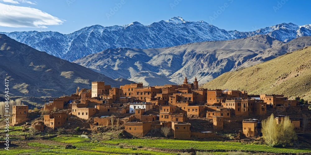 Obraz premium Atlas Mountains: Tamellalt City in Morocco. Berber Village with Clay Houses and Rock Countryside