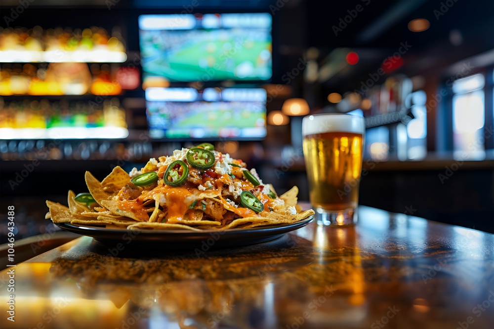 Fototapeta premium Close-Up of Carne Asada Nachos with Partial Right-Side Cutoff and Copy Space, Cheese Nachos Topped with Beef, Guacamole, and Salsa