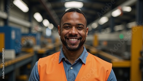 A photorealistic portrait featuring a smiling African American male factory worker in an orange vest amidst industrial backdrop