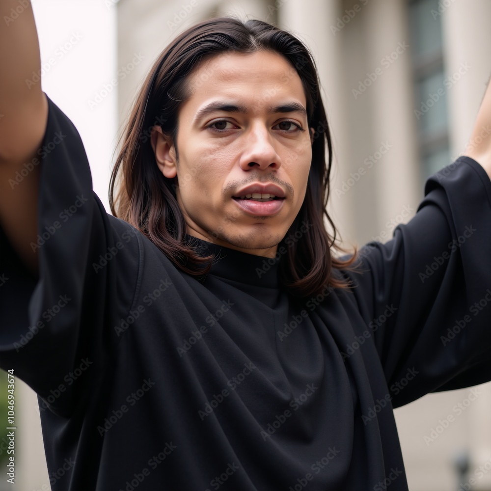 A powerful handsome long-haired Black prophet or savior is depicted with arms raised as an emblem of freedom and African American diversity in the image A powerful handsome long-haired Black prophet or savior is depicted with arms raised as an emblem of freedom and African American diversity in the image