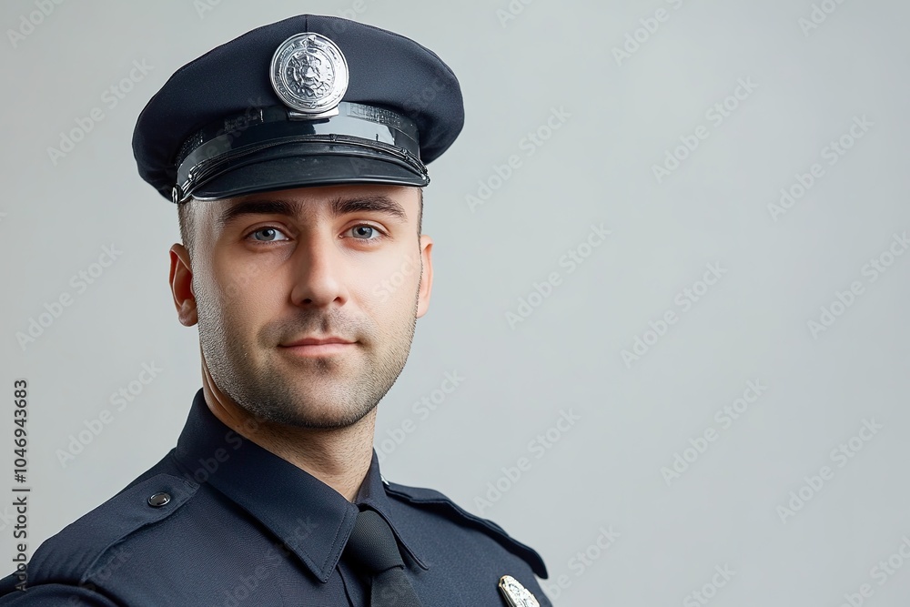 Serious policeman in uniform, focused gaze, neutral background Serious policeman in uniform, focused gaze, neutral background