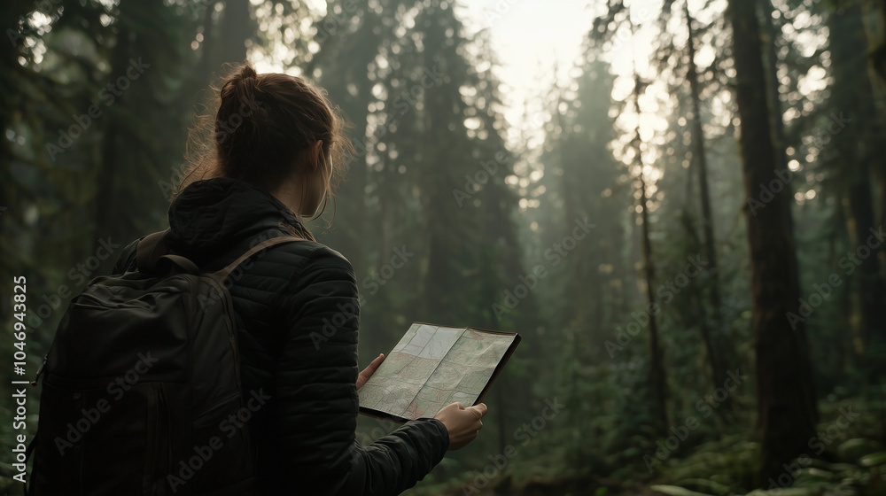 Fototapeta premium Lost in Nature With Map in Dense Forest Setting