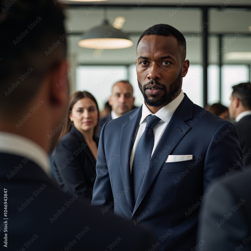 Intense corporate meeting featuring a determined focused African American man in business attire amidst a busy office backdrop Intense corporate meeting featuring a determined focused African American man in business attire amidst a busy office backdrop