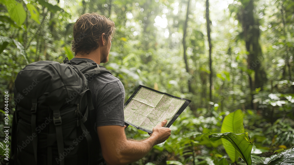 Fototapeta premium Lost in Nature with Map in Dense Forest