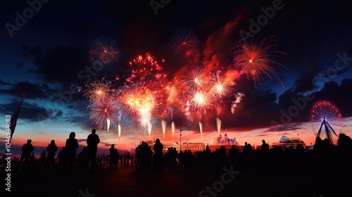 A beautiful firework display illuminating Blackpool's skyline, with dark silhouettes of spectators gathered to watch. The night sky is alive with vibrant colors and patterns.