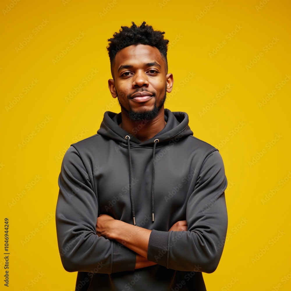 Obraz premium An African American man in an African-style hairdo and a hoodie stands against an isolated sunny yellow backdrop