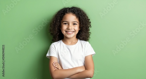 hispanic latino kid girl green background wearing plain white tshirt smiling happy portrait
