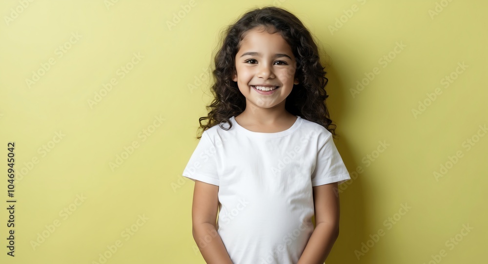 hispanic latino kid girl yellow background wearing plain white tshirt smiling happy portrait hispanic latino kid girl yellow background wearing plain white tshirt smiling happy portrait