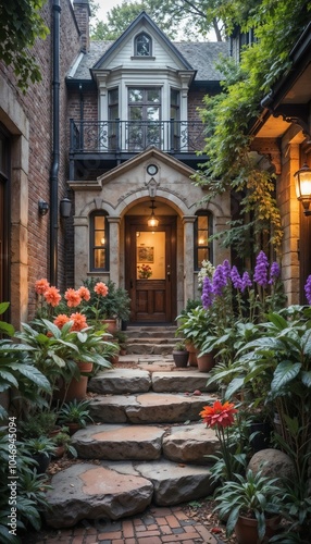 Charming entrance, inviting mood, showcasing flowers and stone pathway leading to a cozy house 