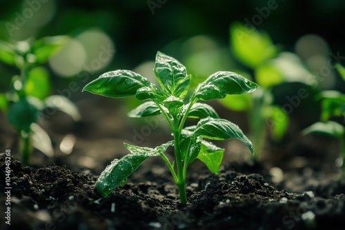 Basil Growing in Fresh Countryside Garden. Agriculture and Farming Concept