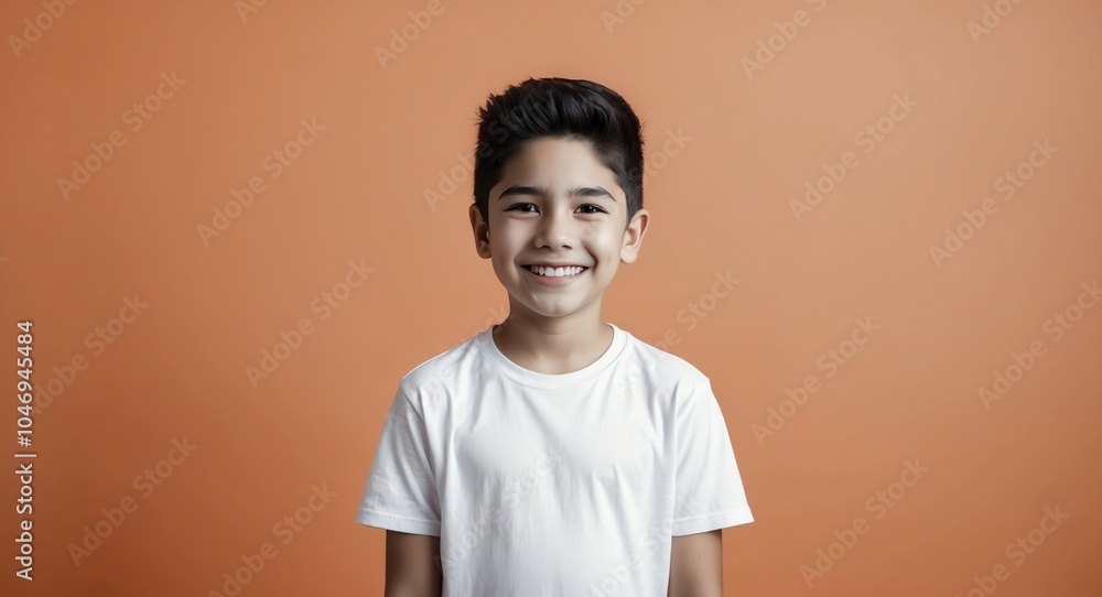 hispanic latino teen boy orange background wearing plain white tshirt smiling happy portrait hispanic latino teen boy orange background wearing plain white tshirt smiling happy portrait