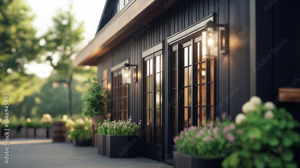 Fototapeta premium Charming black wooden house exterior with glass doors and vibrant flower pots in a sunny garden setting.
