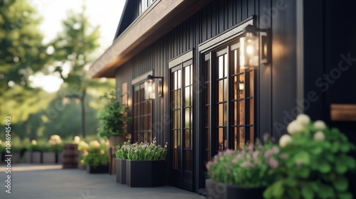 Wallpaper Mural Charming black wooden house exterior with glass doors and vibrant flower pots in a sunny garden setting. Torontodigital.ca