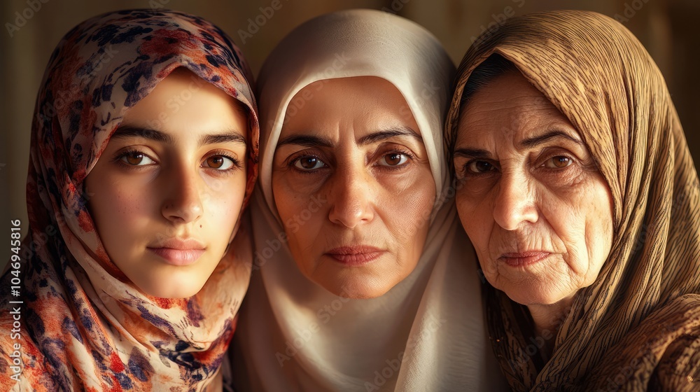 Hyper-Realistic 8K Portrait of Three Arabian Women: Daughter, Mother, and Grandmother in Natural Light Hyper-Realistic 8K Portrait of Three Arabian Women: Daughter, Mother, and Grandmother in Natural Light