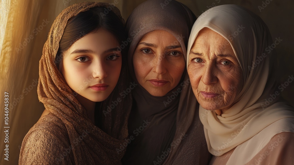 Hyper-Realistic 8K Portrait of Three Arabian Women: Daughter, Mother, and Grandmother in Natural Light Hyper-Realistic 8K Portrait of Three Arabian Women: Daughter, Mother, and Grandmother in Natural Light