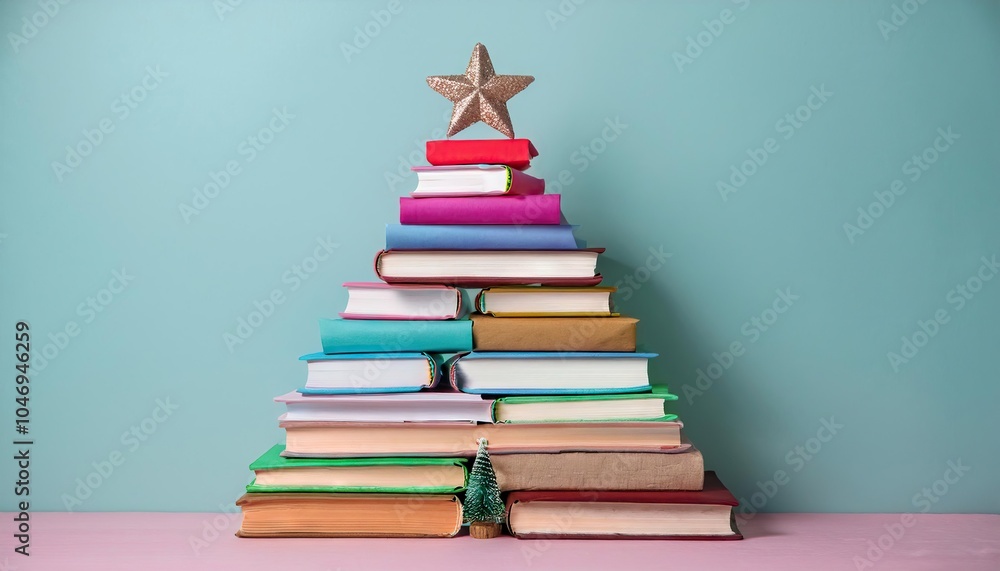 Christmas tree made from pile of books Christmas tree made from pile of books
