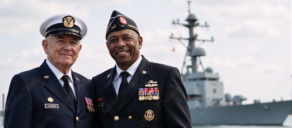 African American veteran naval couple honors Veterans Day alongside a warship African American veteran naval couple honors Veterans Day alongside a warship
