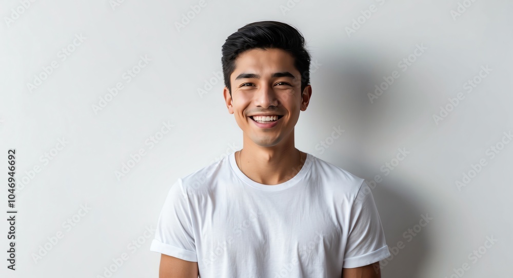 hispanic latino young man white background wearing plain white tshirt smiling happy portrait hispanic latino young man white background wearing plain white tshirt smiling happy portrait