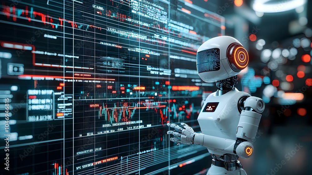 Futuristic intelligence robot immersed in a blue toned digital environment with a double exposure effect featuring forex trading charts and financial data graphs Futuristic intelligence robot immersed in a blue toned digital environment with a double exposure effect featuring forex trading charts and financial data graphs