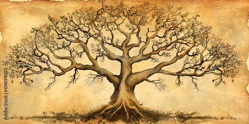 Ancient Roots: A genealogy tree adorned with faded parchment and delicate ink, showcasing the intricate branches and ancestors of a noble family.