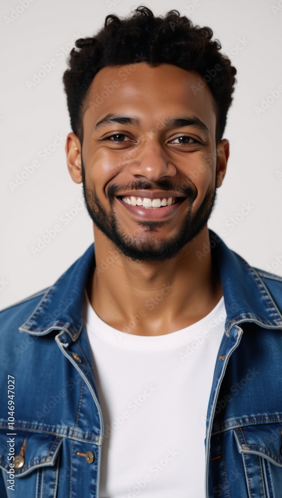 Fototapeta premium Young black male subject smiles directly into the camera
