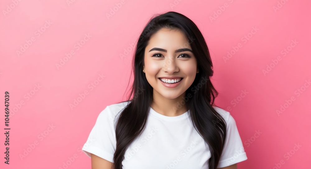 Fototapeta premium hispanic latino young woman pink background wearing plain white tshirt smiling happy portrait