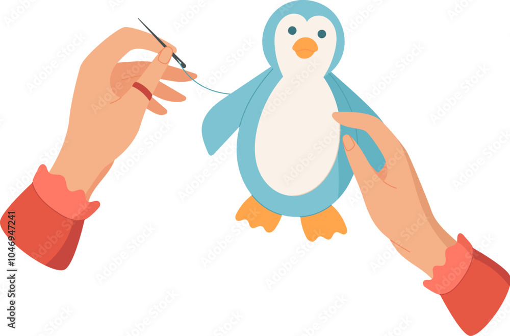 Fototapeta premium Hands sewing a cute penguin toy with needle and thread. DIY activity for children in craft workshop or class. Concept of creative hobbies, handmade art, and engaging activities for kids.