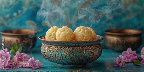 a bowl of food with smoke coming out of it photo