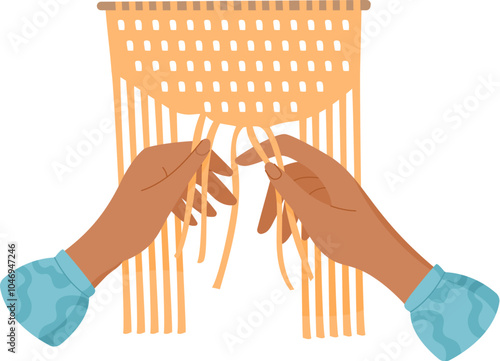 Hands create macrame craft using tools and supplies for DIY hobby activity. Concept of handmade work and craft. Flat style suitable for workshops creative classes.