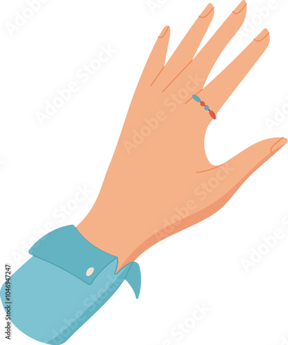 Woman hand with beads ring. DIY craft activity showcases creative expression. Concept of hobby, craftwork, and handmade artistry in flat style.