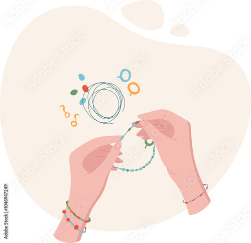 Woman's hands create a handmade bracelet using colorful beads and tools. DIY craft activity showcases hobby and creativity. Concept of craftwork, flat style, suitable for workshops or classes.