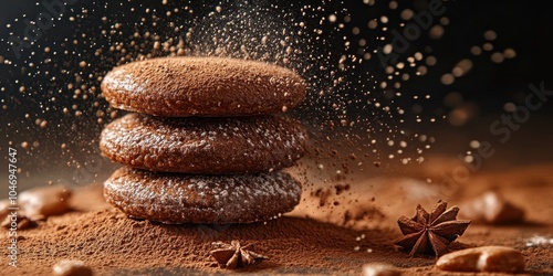 a stack of chocolate covered cookies with powder sping out photo