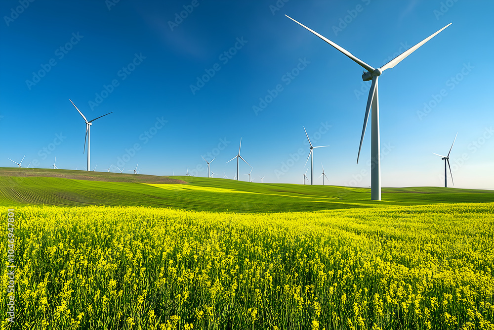 Wind turbines generating renewable energy in a vast agricultural field under a clear blue sky Wind turbines generating renewable energy in a vast agricultural field under a clear blue sky