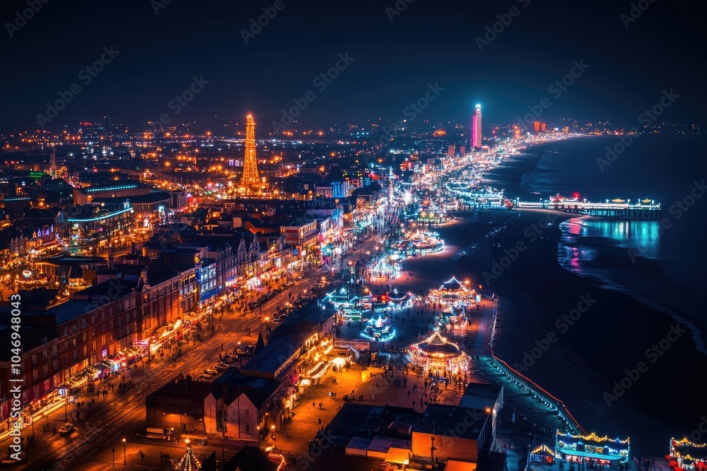 Obraz premium A captivating aerial view of Blackpool town lit up at night, highlighting the festive atmosphere with bright lights illuminating the beach and nearby attractions.