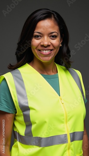 A confident African American woman dons a high-visibility yellow vest for an air of strength and professionalism