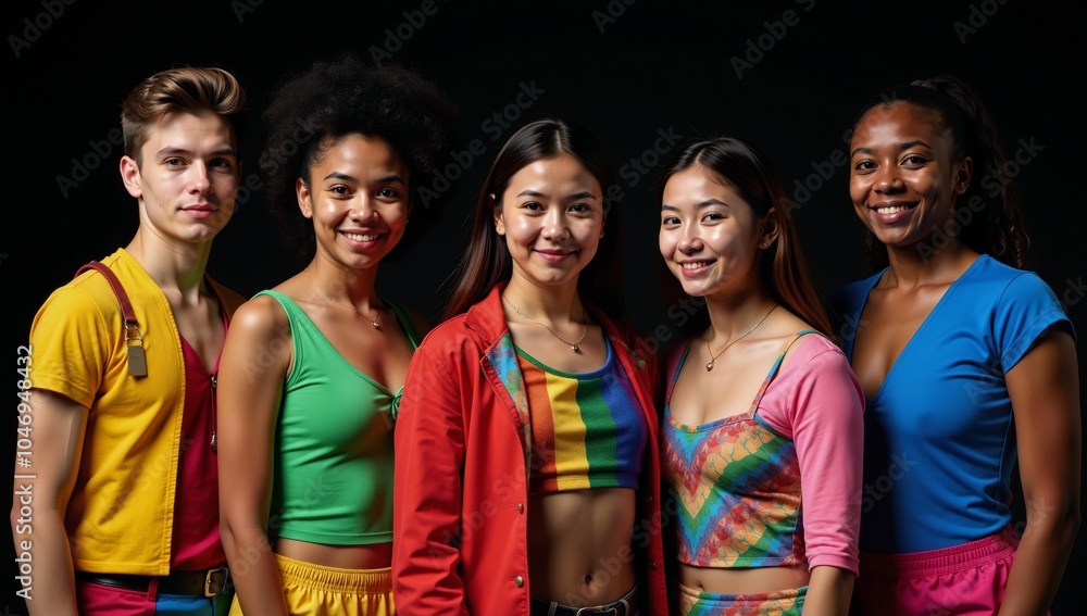 Studio portrait featuring young multi-racial individuals dressed as LGBTQ characters captured from the waist up against a black backdrop Studio portrait featuring young multi-racial individuals dressed as LGBTQ characters captured from the waist up against a black backdrop