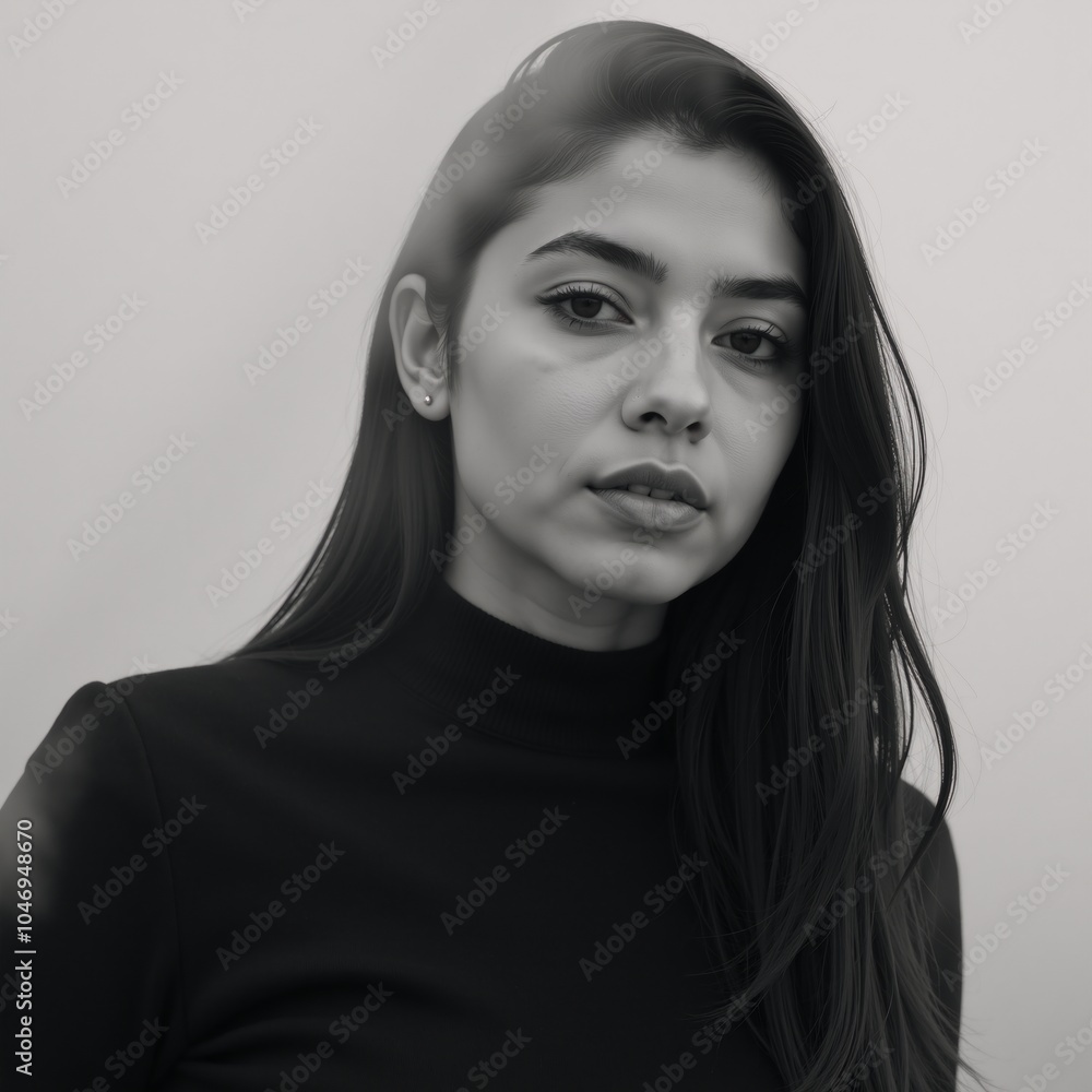 Black-and-white portrait featuring confidently gazing modern beauty amidst swirling mist Black-and-white portrait featuring confidently gazing modern beauty amidst swirling mist
