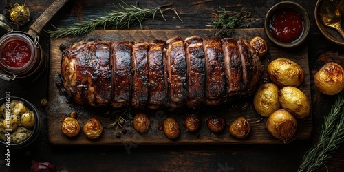 a wooden cutting board with a pork on it