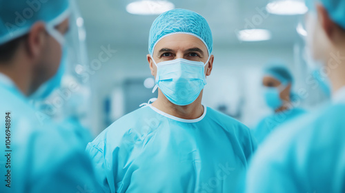 A focused medical professional in scrubs and mask, surrounded by operating room colleagues, representing teamwork and healthcare dedication.