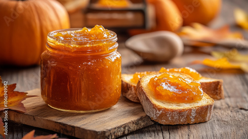 Delicious homemade pumpkin jam. Pumpkin jam in a jar and toasts with pumpkin jam.