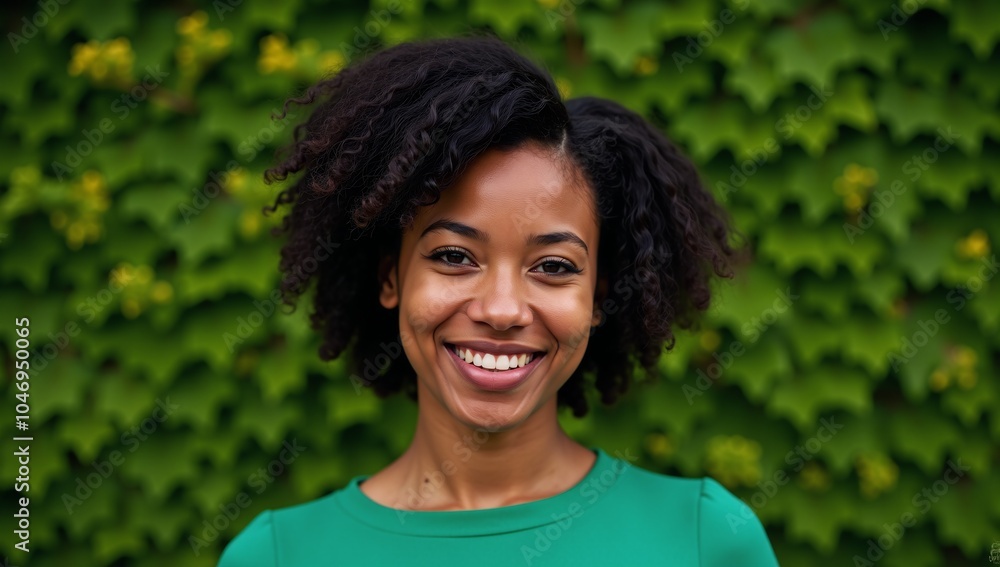 A close-up portrait showcases an African American woman with a smile dressed in a green shirt against a matching backdrop