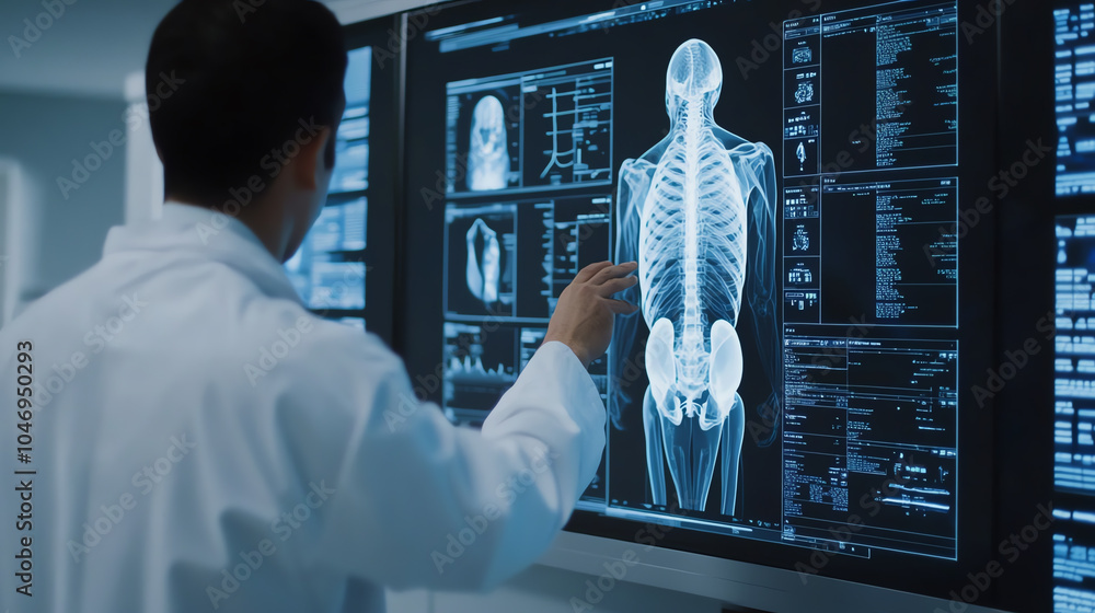 Medical professional analyzing skeletal images on a digital screen, highlighting human anatomy for educational and diagnostic purposes.