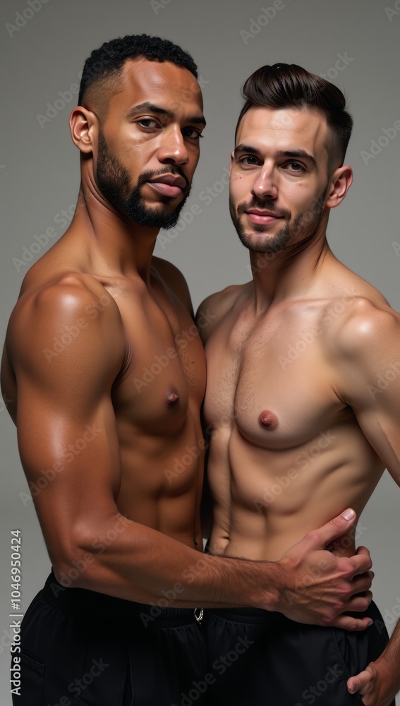 Dynamic gay couple portrait with realistic high-quality imagery and cinematic lighting effects Dynamic gay couple portrait with realistic high-quality imagery and cinematic lighting effects