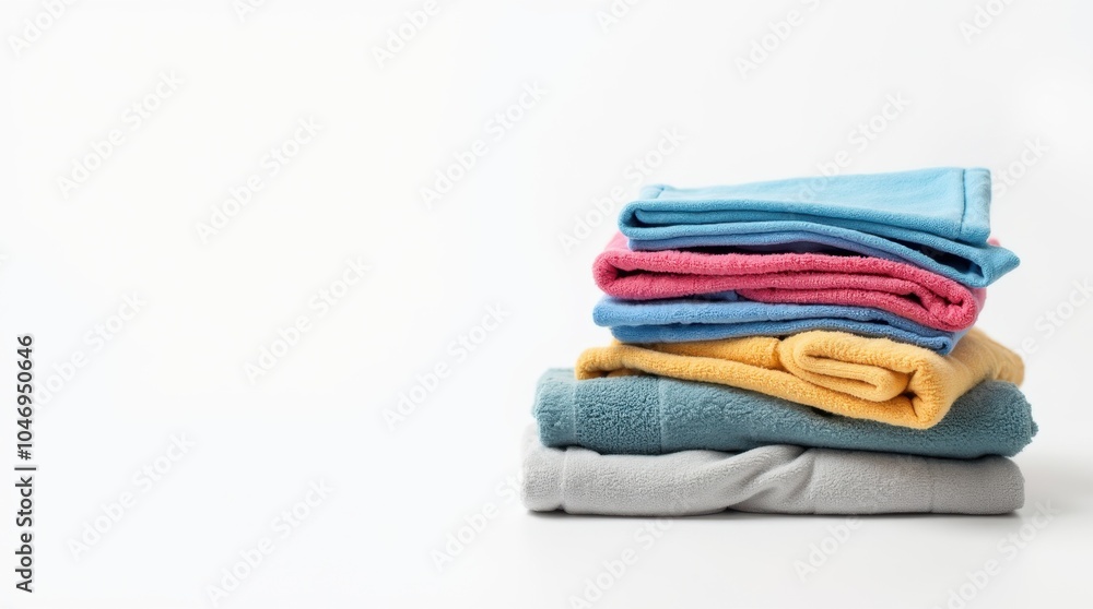 A scene of tidy, folded laundry with vibrant shirts and towels, arranged in an eye-catching way. A scene of tidy, folded laundry with vibrant shirts and towels, arranged in an eye-catching way.